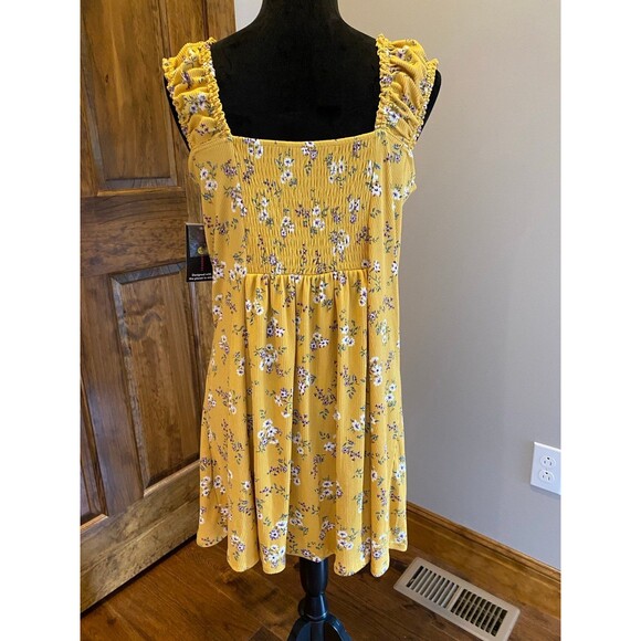 No Boundaries Boho Hippie Dress Gold Size XL 15-17 Off/On Shoulder NWT Smocked - Picture 5 of 12